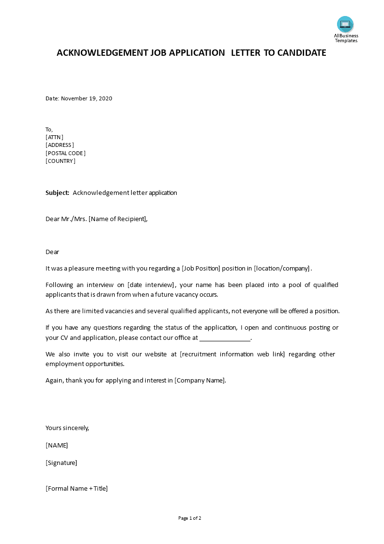 Application Acknowledgement Letter Sample