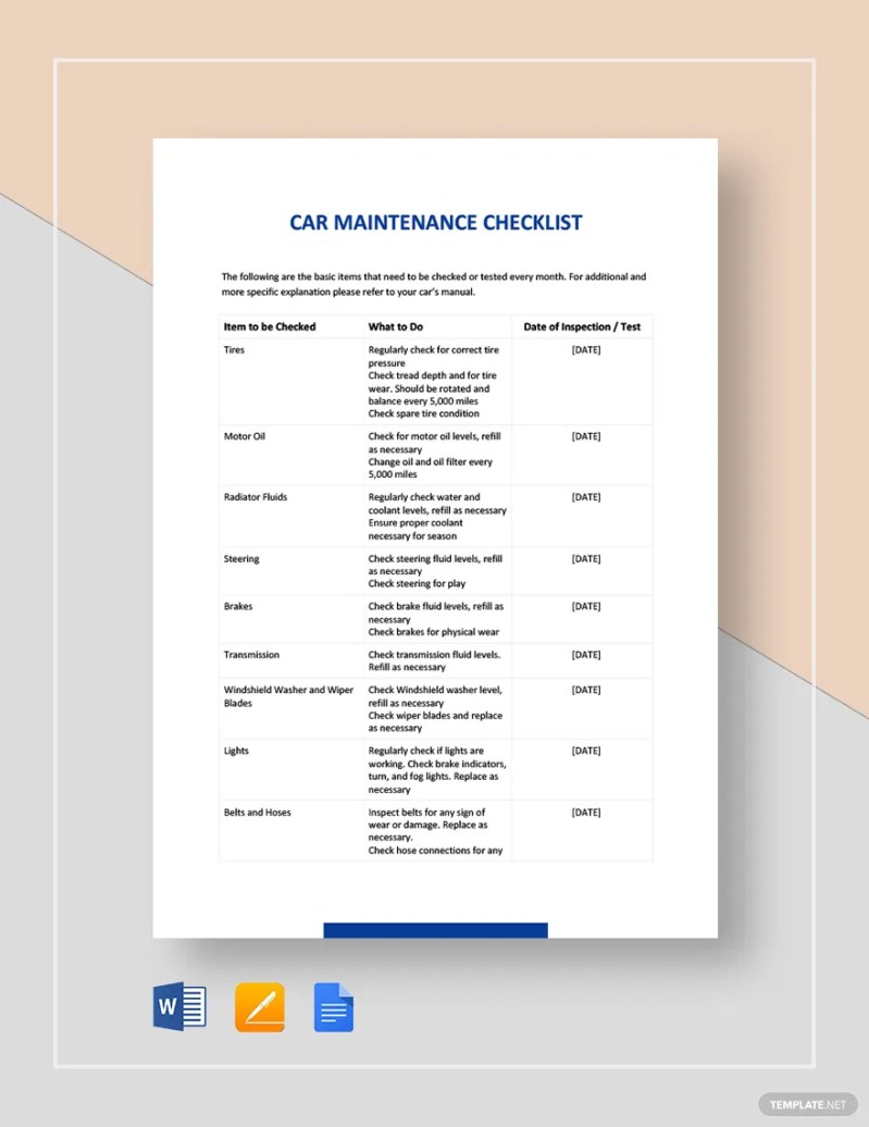 Car Maintenance Checklist Form