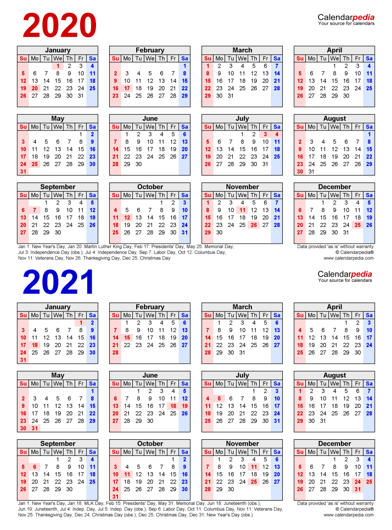 Free Printable 2020 Yearly Calendar