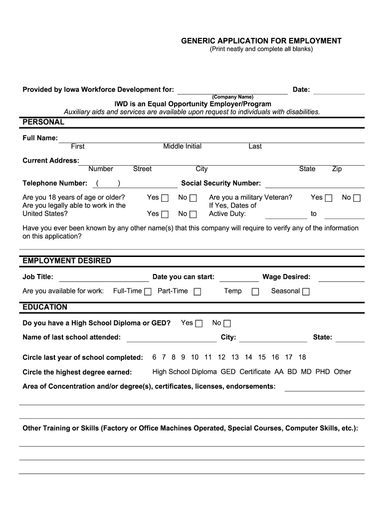 Printable Generic Application For Employment