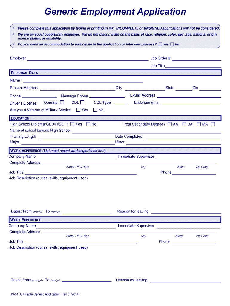 Generic Job Application Form Free