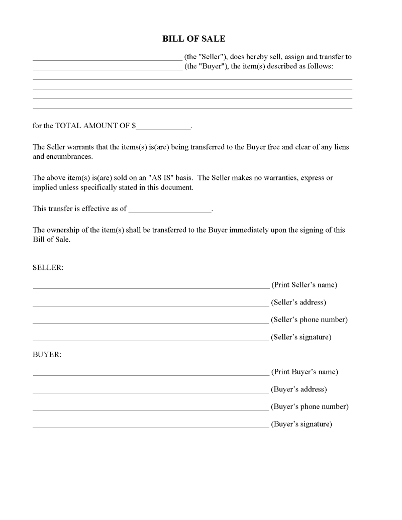 Alberta Bill Of Sale Form