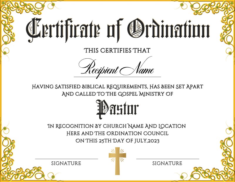 Pastor Ordination Certificate