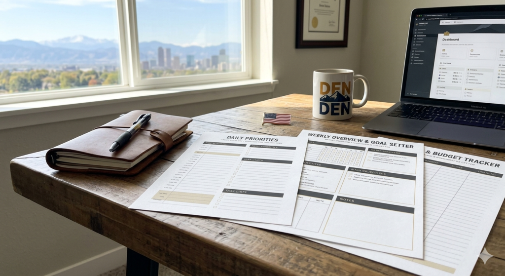 Printable planner templates displaying Daily Priorities, Weekly Goals, and Financial Tracker on a rustic modern desk in Denver, USA