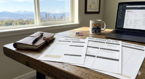 Printable planner templates displaying Daily Priorities, Weekly Goals, and Financial Tracker on a rustic modern desk in Denver, USA