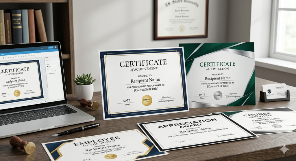 Collection of professional certificate templates on a modern desk for USA businesses