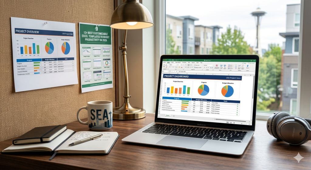 Customizable Excel templates displaying a Project Dashboard on a modern desk in Seattle, USA