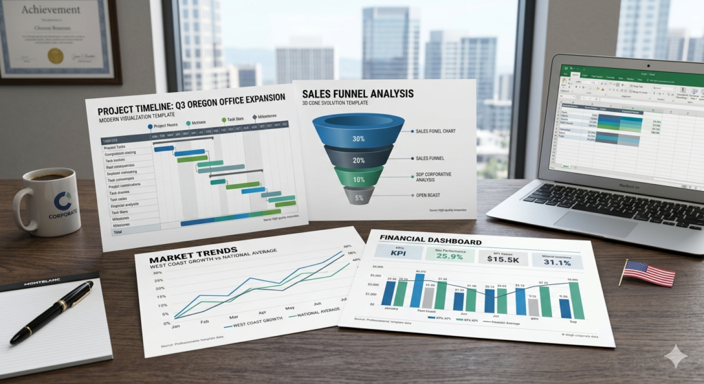Collection of professional chart templates on a modern office desk with USA city view