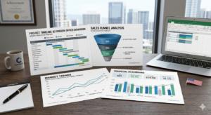 Collection of professional chart templates on a modern office desk with USA city view