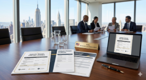 Professional meeting agenda templates on a high-rise boardroom table overlooking Manhattan, NYC